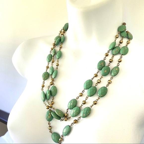 Turquoise & Gold Colored Acrylic Beads Super Long Necklace - Picture 2 of 6